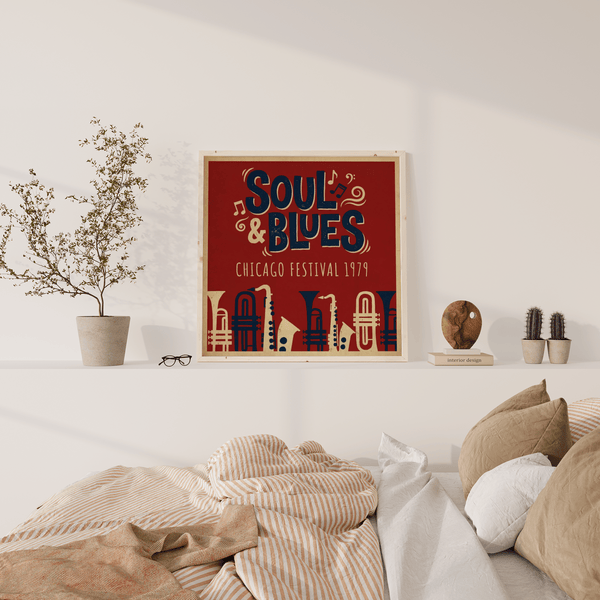 Soul Blues Festival Art mural avec rouge, bleu et beige pour espace galerie