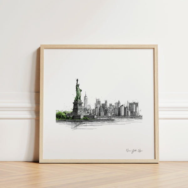 Affiche touristique de New York au format carré avec la statue de la Liberté et un croquis de la ligne d'horizon