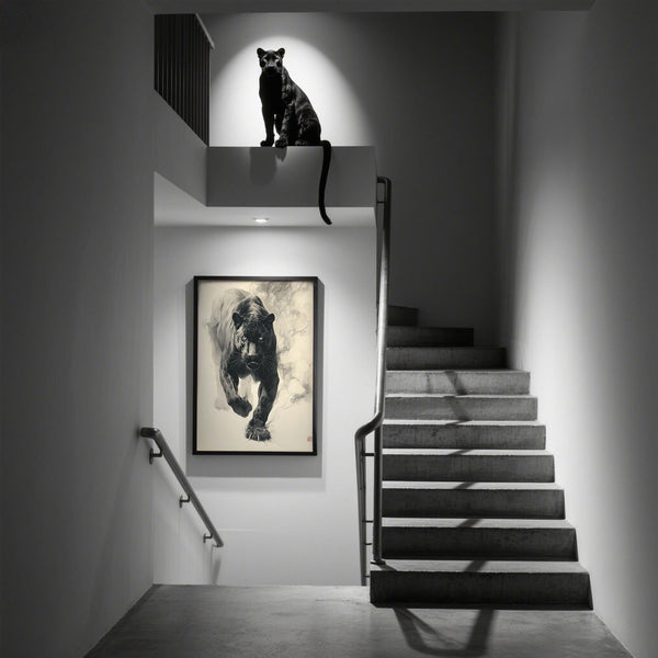 Art traditionnel japonais à l'encre noire représentant une panthère noire marchant à travers des nuages d'encre douce.