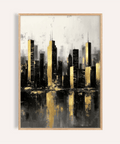 Affiche Gold and Black Skyline pour décorer les murs d'un salon moderne, dans les tons or, noir et gris.