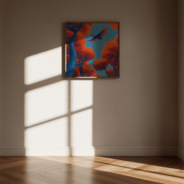 Décoration murale Fyling Bird, affiche contemporaine bleue et rouge pour le mur du salon