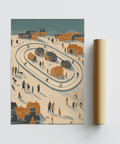 Impression artistique « Village d'hiver » avec bleu, orange et beige pour la salle de jeux des enfants