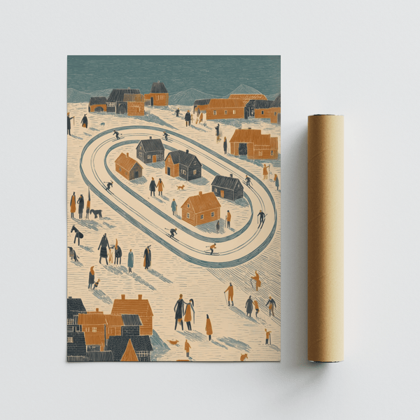 Impression artistique « Village d'hiver » avec bleu, orange et beige pour la salle de jeux des enfants