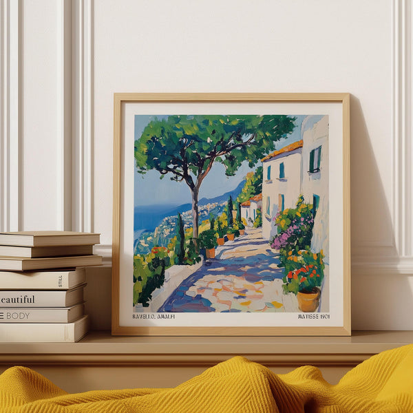 Gravures de la côte amalfitaine représentant le sentier fleuri de Ravello et la vue sur la mer.