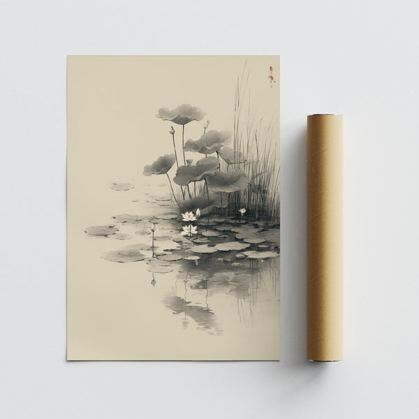 Scène de jardin aquatique à l'encre japonaise avec une décoration murale représentant des fleurs de lotus.