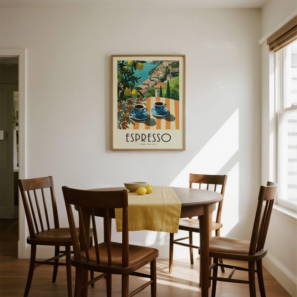 Impression artistique représentant des citrons et des tasses à espresso bleues dans un décor italien