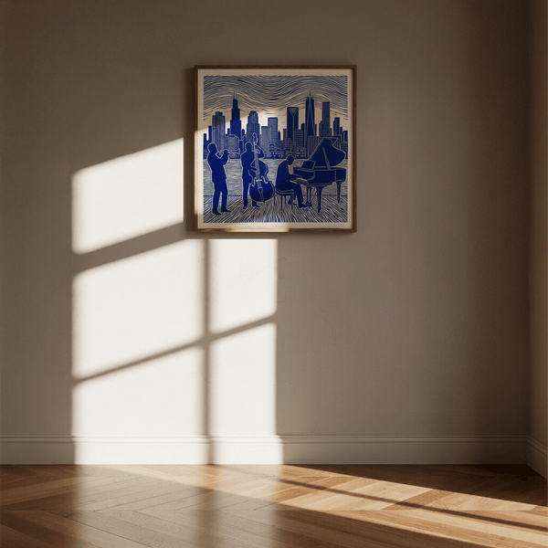 Affiche artistique bleu et blanc représentant un musicien, pour décorer un studio de musique