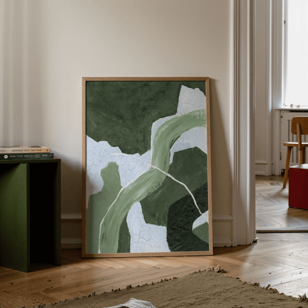 Impression artistique Impression artistique abstraite verte représentant les couleurs verte, bleue et blanche, idéale pour une salle à manger.