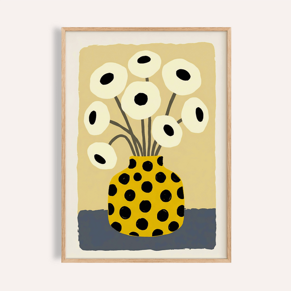 Poster « Yellow Vase » avec du jaune, du noir, du beige et du bleu pour décorer les murs de votre salon
