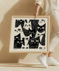 Whimsical black and white cat art print for modern home decor