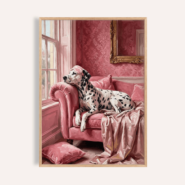 Impression artistique Dalmatian en rose, blanc et noir pour décorer les murs de votre salon