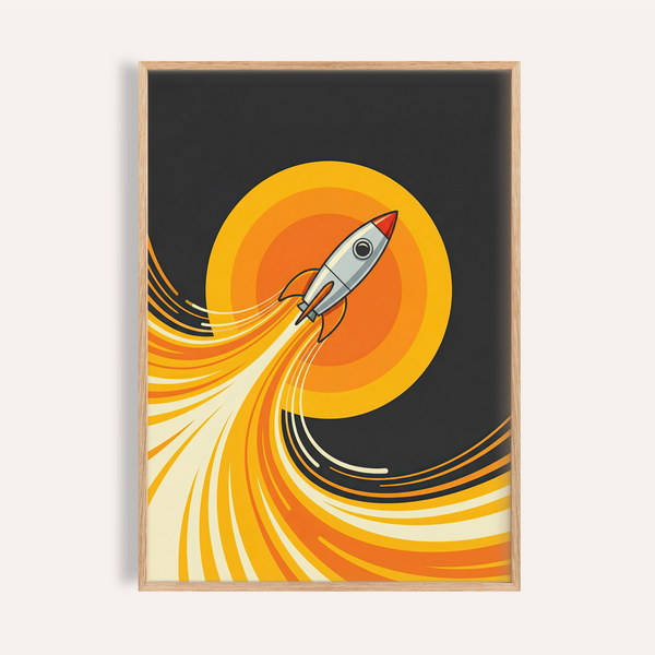 Rocket Wall Art in Yellow, Orange, and Black for nursery print
