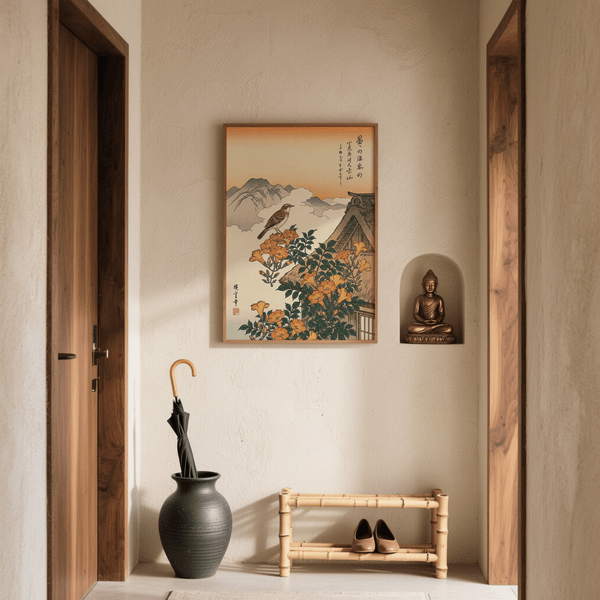 Poster représentant un paysage montagneux avec un toit traditionnel et des fleurs orange pour une salle à manger rustique