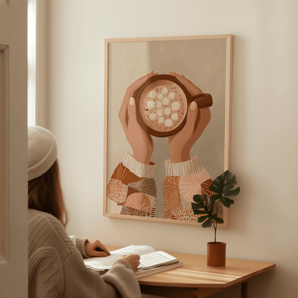 Impression artistique moderne et mignonne sur le thème du café, en blanc et beige, pour la salle à manger