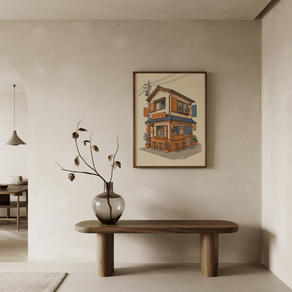 Décoration murale pour restaurant japonais dans les tons beige et orange pour décorer les murs d'un café