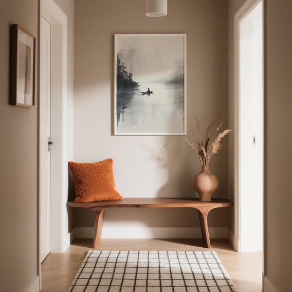 Peinture à l'encre japonaise inspirée du sumi-e représentant la nature dans une gamme de gris apaisante.