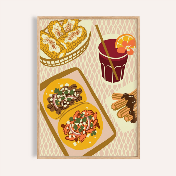 Impression artistique sur le thème de la cuisine mexicaine, avec des tons jaunes et orangés, pour décorer les murs de votre cuisine.