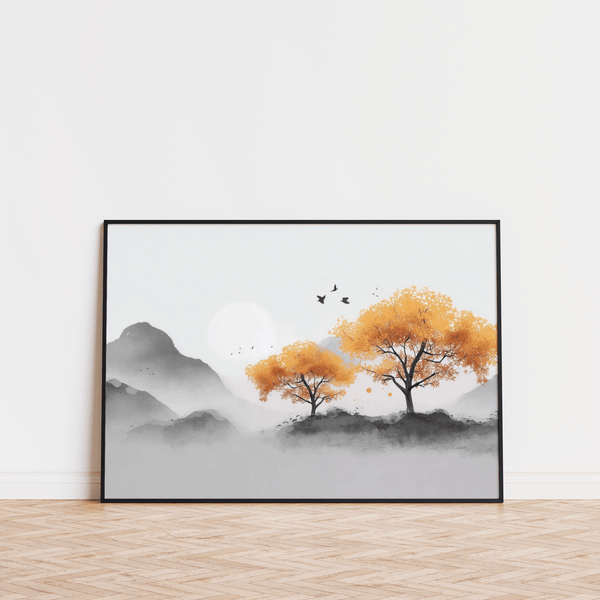 Décoration murale « Arbre d'automne » prête à être accrochée dans le couloir, dans une palette de couleurs orange, grise, blanche et noire.