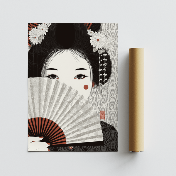 Impression artistique japonaise représentant une geisha en noir et blanc pour décorer votre bureau