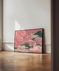 Impression murale moderne « Pink Crane » (Grue rose) en rose et vert pour les murs de bureau