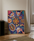 Impression artistique représentant un festin multicolore, idéale pour décorer une salle à manger