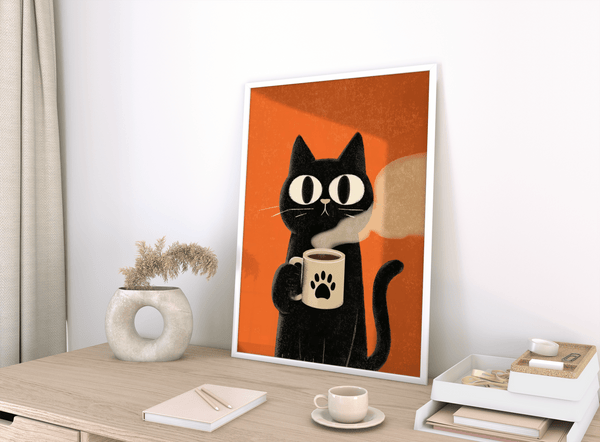 Tasse à café imprimée avec motif chat et mur orange, impression artistique représentant un chat noir pour le couloir