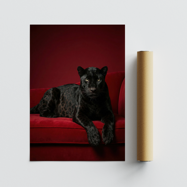 Luxury Panther Art poster, bold black panther, red interior decor statement
