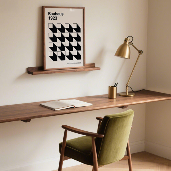 Affiche Bauhaus 1923 utilisée comme élément décoratif dans un bureau à domicile.