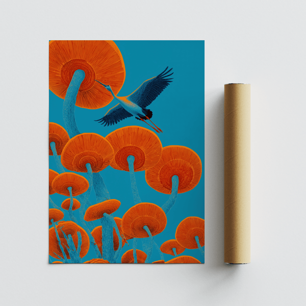 Impression Japandi Bird avec bleu et rouge, décoration murale créative pour studio