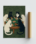 Impression artistique Cat Poker représentant des chats verts et noirs, idéale pour décorer les murs d'une chambre à coucher.