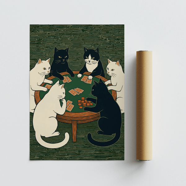 Impression artistique Cat Poker représentant des chats verts et noirs, idéale pour décorer les murs d'une chambre à coucher.