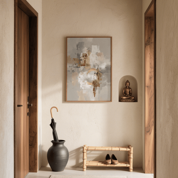 Décoration murale abstraite neutre dorée, tons blancs et beiges, adaptée à un salon moderne