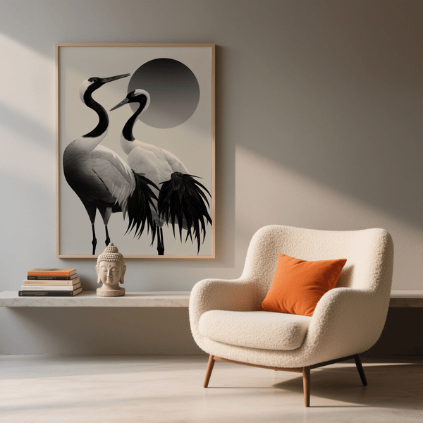 Impression noir et blanc de grue avec contraste noir et blanc pour une décoration minimaliste de chambre à coucher