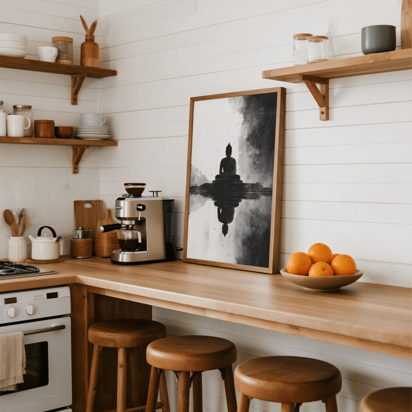 Impression artistique sur le thème de la méditation, dans des tons blancs, pour une salle d'étude calme
