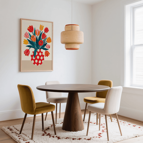 Impression artistique florale ; fleurs rouges et orange, idéale pour décorer les murs d'une chambre d'enfant