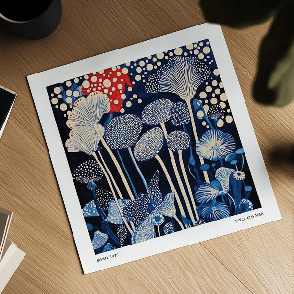 Vertical mushroom stems and bold red splotch in Red and Blue Art composition