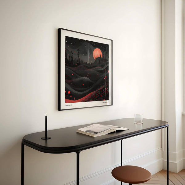 Œuvre murale représentant une lune inspirée de Yayoi Kusama, sur le thème céleste cramoisi