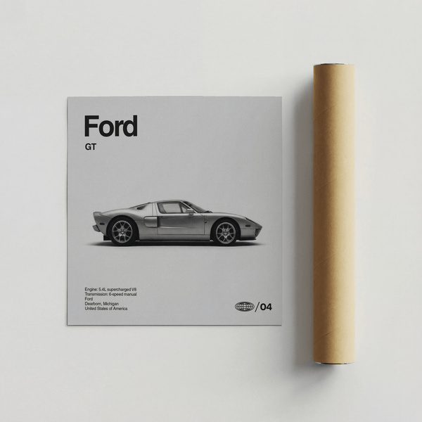 Impression artistique de la Ford GT en noir et blanc pour les murs contemporains