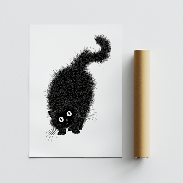 Impression artistique : Impression en noir et blanc représentant un chat au dos arqué pour l'entrée