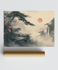 Impression paysage asiatique pour un coin tranquille, pins verts et fond beige