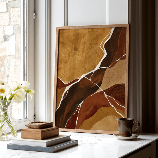 Art mural abstrait aux tons ocres, orange, beige et brun pour un bureau moderne.