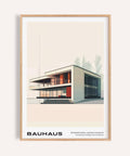 Affiche architecturale Bauhaus représentant une maison moderne avec des touches de rouge pour la décoration du salon