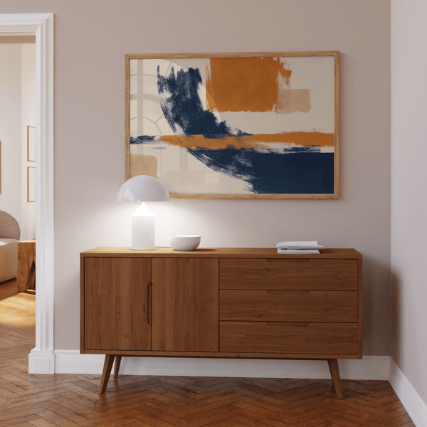 Impression artistique abstraite décorative bleue et orange, idéale pour la décoration d'un studio créatif