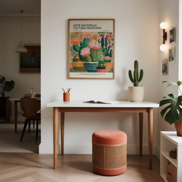 Art mural mexicain pour la décoration du salon, mettant en valeur des pots en terre cuite et des plantes du désert.