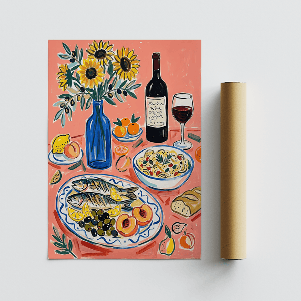 Décoration de cuisine sur le thème du vin et des fruits de mer, vase bleu et nuances roses, type d'impression