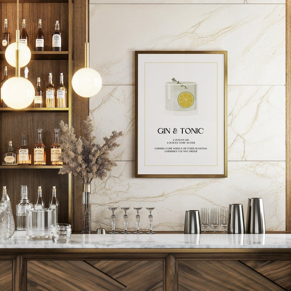 Imprimé cocktail classique avec citron vert et tonic dans une illustration moderne.