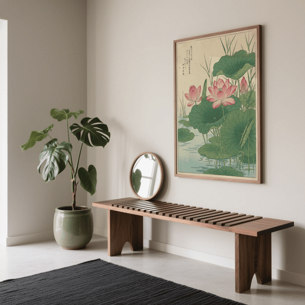 Imprimé fleur de lotus, tons beiges et verts, idéal pour décorer paisiblement les murs d'un couloir.