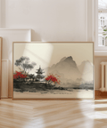 Impression artistique chinoise représentant un paysage en niveaux de gris et rouge, idéale pour décorer les murs d'une salle d'étude.