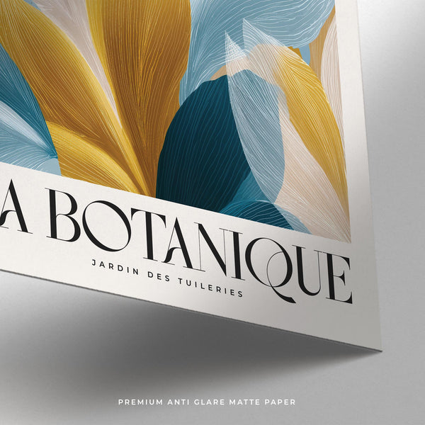 Composition de feuilles inspirée de la nature, décoration murale bleue et dorée