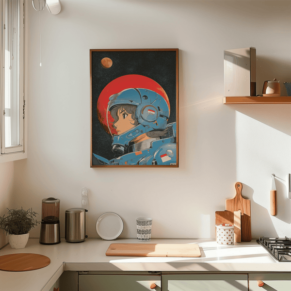 Impression artistique Space Girl aux couleurs rouge et bleu pour décorer les murs de votre salon